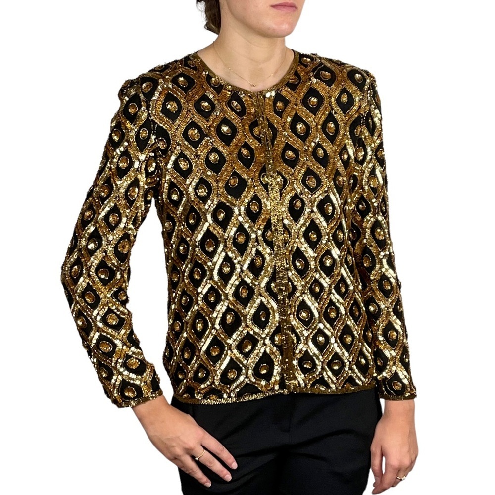 STENAY VINTAGE SILK SEQUIN EMBELLISHED DIAMOND SPARKLE HOLIDAY EVENING JACKET